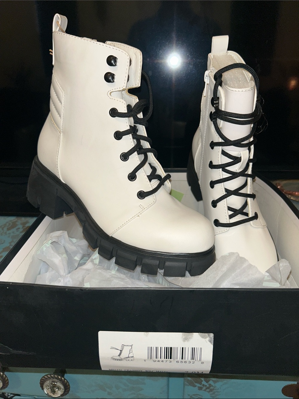 White Lace-Up Combat Boots with Black Sole - Women's